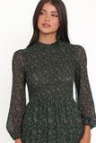 Edwina Shirred Frill Long Sleeve Midi Dress Olive Floral