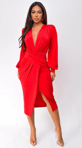 Natasa Long Sleeve Wrap Midi Dress Red