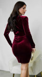Aless V Neck Front Twist Velvet Mini Dress Burgundy