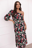 Pontee One Shoulder Pleated Midi Dress Black Rose Print