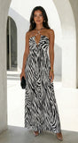 Noemiya Zebra Pleated Halter Maxi Dress White