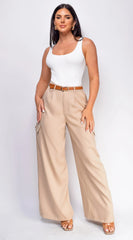Iva Beige Wide Leg Cargo Pocket Pants