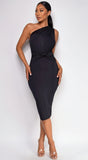 Nat One Shoulder Front Knot Midi Dress Black