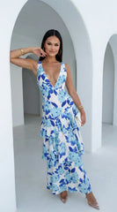 Aurelisse Floral Ruffled Maxi Dress Floral Blue