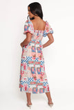 Clo Puff Sleeve Midi Dress Pink Blue
