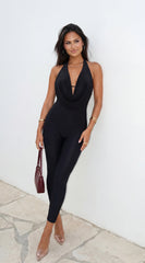 Selena Cowl Halter Capri Jumpsuit Black