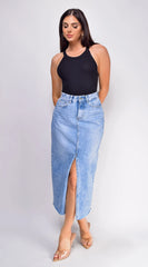 Frances High Rise Denim Midi Skirt Blue