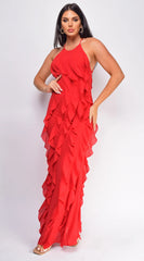 Erma Halter Ruffle Maxi Dress Red