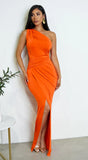 Geneva One Shoulder Wrap Maxi Dress Orange