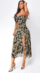 Nikkie Floral Print Side Slit Midi Dress Black