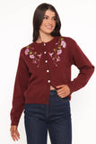 Brittany Placed Embroidery Flower Cardigan Burgundy