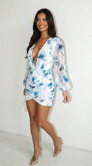 Deniz Surplice Mini Dress Floral Blue