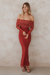 Zeva Off Shoulder Maxi Dress Burgundy Spot