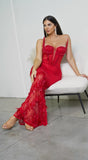 Orlisse Rhinestone Feather Maxi Dress Red