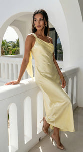 Valencia One Shoulder Satin Maxi Dress Butter Yellow