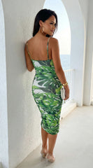 Costa Aluna Mesh Tropical Print Midi Dress Green