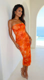 Pyralia Floral Ruched Tube Midi Dress Orange