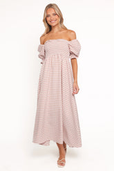 Siun Short Sleeve Midi Dress Brown Gingham