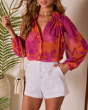 Remeah Print Pleated Chiffon Top