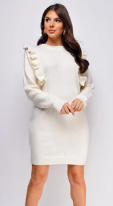 Juno Long Sleeve Ruffle Detail Sweater Mini Dress Ivory