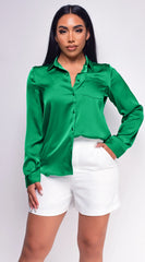 Braylee Satin Button Down Blouse Top Kelly Green