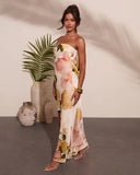 Summer Reverie Strapless Floral Satin Maxi Dress
