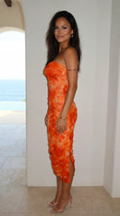 Pyralia Floral Ruched Tube Midi Dress Orange