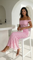 Roselune Lace Off Shoulder Dress Pink