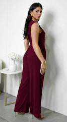 Shera Mock Neck Sleeveless Wide Leg Jumpsuit Burgundy