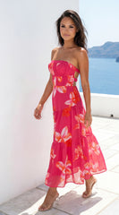 Paradiso Floral Print Midi Dress Pink