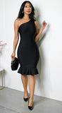 Venus Black Asymmetric Ruffle Bottom Bandage Dress