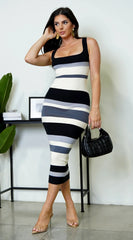 Mari Stripe Multi Color Midi Dress Black