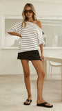 Blair Off Shoulder Tee White Black Stripe