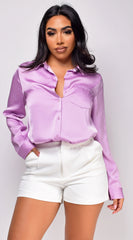 Braylee Satin Button Down Blouse Top Lavender