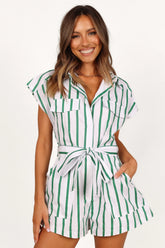 Addie Tie Waist Romper White Green
