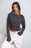Another Time Cinched Waist Long Sleeve Top Black Stripe