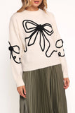 Isiora Bow Embroidered Knit Sweater Cream