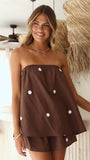 Calliope Strapless Top and Shorts Set Brown White Polka