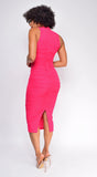 Delina High Neck Ruched Midi Dress Pink