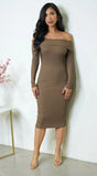 Sonja Off Shoulder Long Sleeve Ribbed Midi Dress Brown