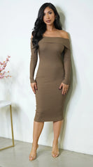Sonja Off Shoulder Long Sleeve Ribbed Midi Dress Brown
