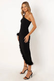 Dame One Shoulder Feather Midi Dress Black