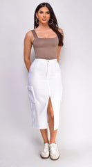Sydney Denim Cargo Midi Skirt White
