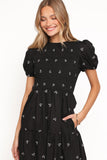 Naura Shirred Tiered Midi Dress Black Bow