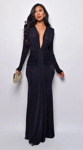 Leilani Metallic Ruched Deep V Maxi Dress Black