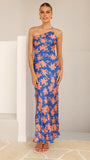 Verity One Shoulder Maxi Dress Orange Blue Floral