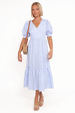 Steele Puff Sleeve Midi Dress Blue Stripe