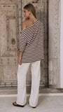 Pia One Shoulder Oversize Tee Choc White Stripe
