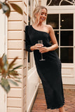 Pontee One Shoulder Pleated Midi Dress Black