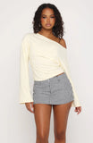 Falling For Him Cinched Waist Off Shoulder Long Sleeve Top Butter